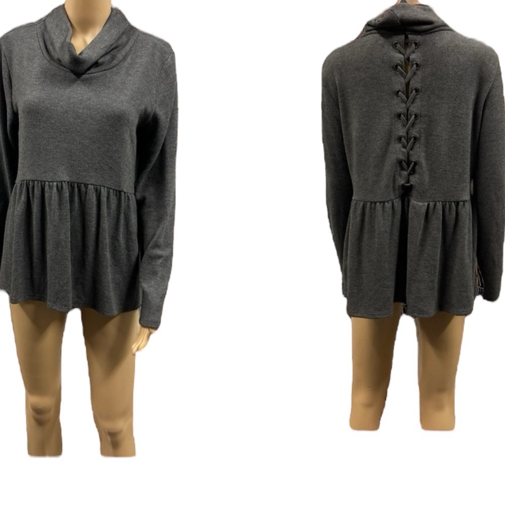 Maurices Gray Cowl Neck Grommet Laced Back Long Sleeve Babydoll Knit Tunic M